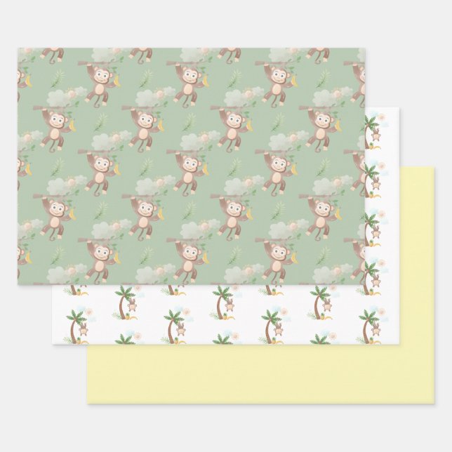 Papier d'emballage de Baby shower de singe (Lot)