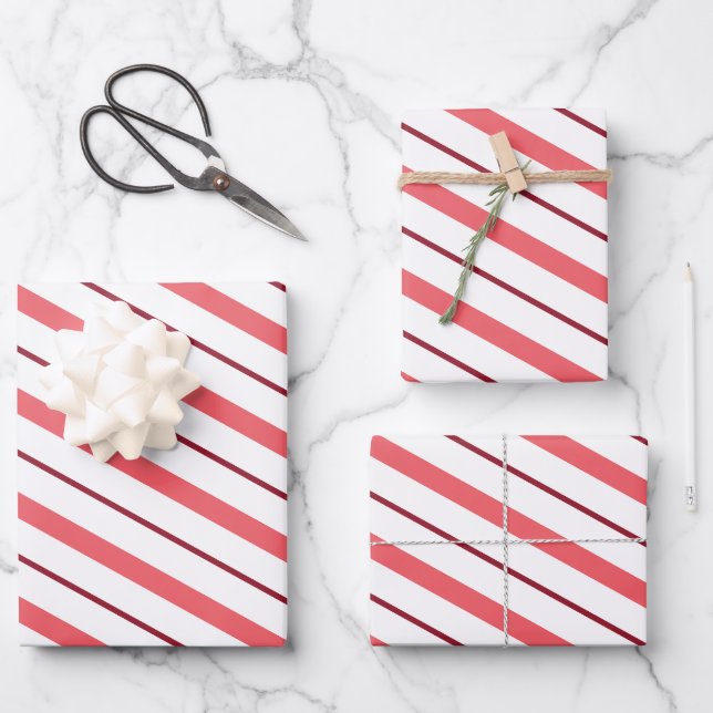 Papier d'emballage de Noël rayé rose et canneberge (Recto)