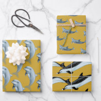 Papier d'emballage doré motifs dauphin