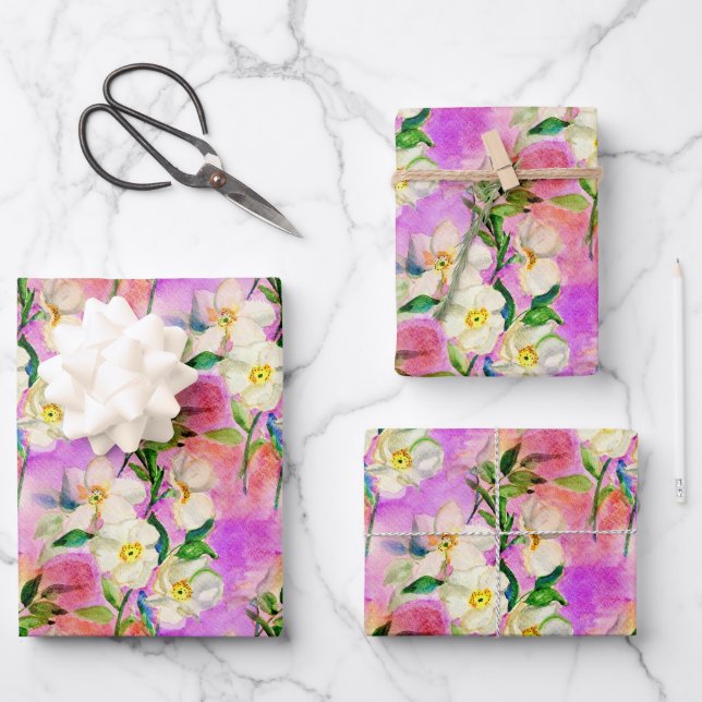 Papier d'emballage floral rose d'aquarelle rose ch (Recto)