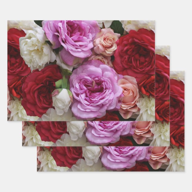 Papier d'emballage floral rose et rouge, 3 feuille (Lot)