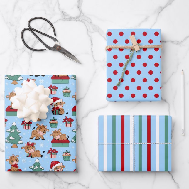 Papier d'enrobage de la vache de Noël série de 3 (Recto)