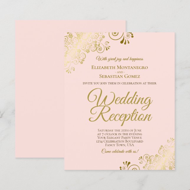 Papier Dentelle d'or sur rose mariage Invitation de récep (Devant / Derrière)