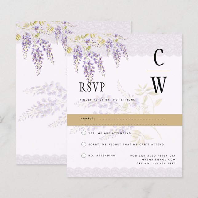 Papier Dentelle moderne Purple Gold Wisteria RSVP (Devant / Derrière)