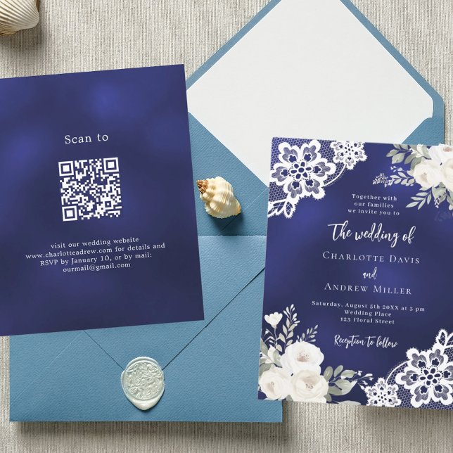 Papier Dentelle QR bleu marine en dentelle blanche (Créateur téléchargé)