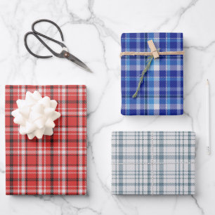 Papier d'enveloppement blanc bleu rouge à plaid Je