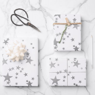 Papier d'enveloppement blanc et argenté étoile cél