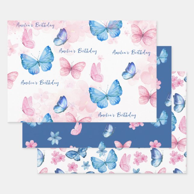 Papier d'enveloppement bleu aquarelle papillon (Lot)