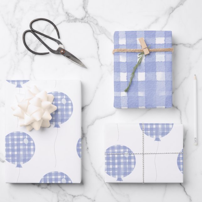 Papier d'enveloppement de ballons bleu En vichy aq (Recto)