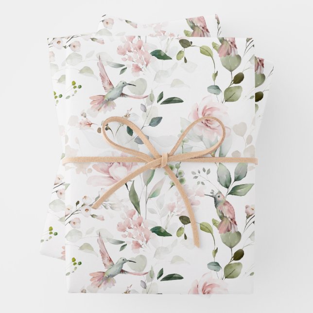 Papier d'enveloppement de colibri rose et floral (En situation)