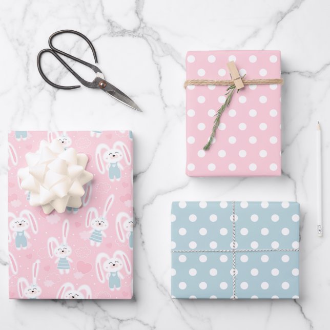 Papier d'enveloppement de lapin rose et bleu de la (Recto)