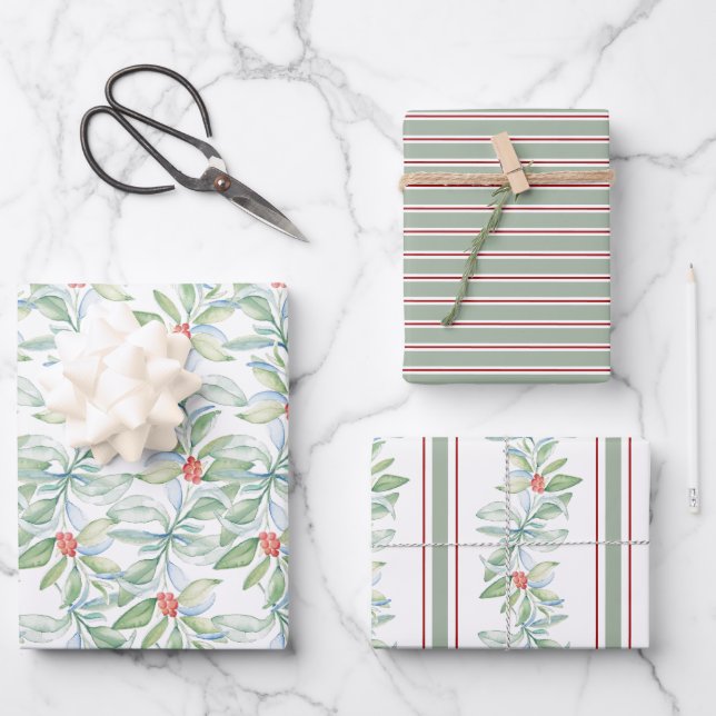 Papier d'enveloppement de Noël Aquarelle Botanique (Recto)