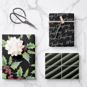 Papier d'enveloppement de Noël noir aquarelle uniq