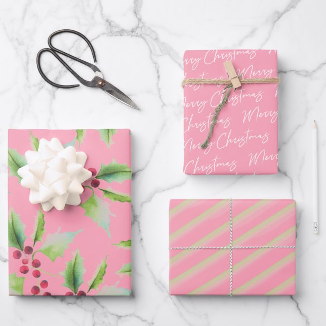 Papier d'enveloppement de Noël rose aquarelle uniq (Recto)