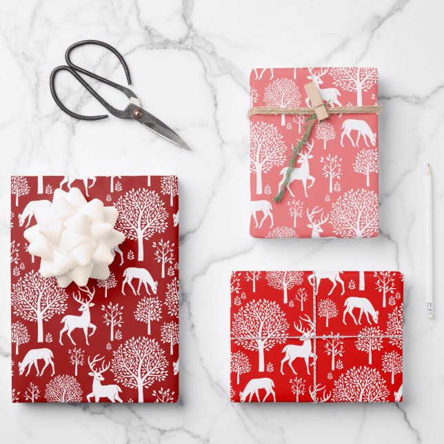 Papier d'enveloppement de Noël rouge renne rose (Recto)
