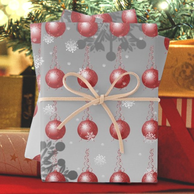 Papier d'enveloppement d'ornement de Noël fantaisi (Red Fancy Ornament Wrapping Paper)