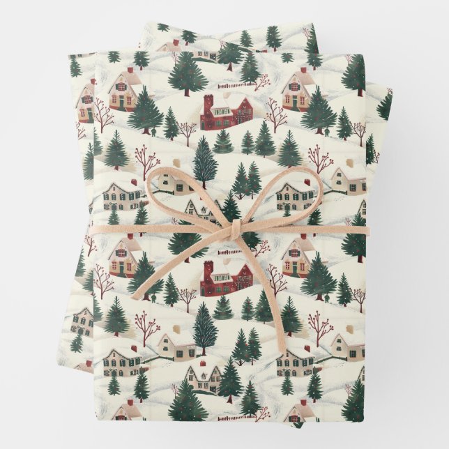 Papier d'enveloppement moderne du village de Noël (En situation)