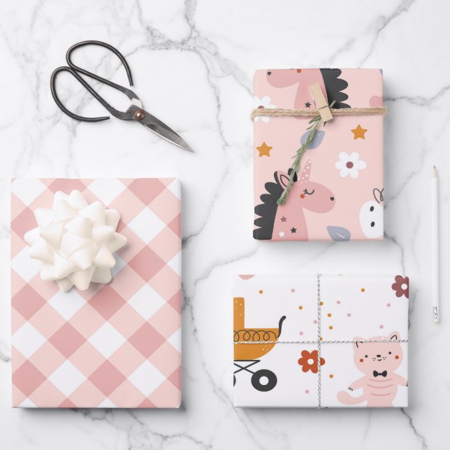 Papier d'enveloppement pour bébé fille - 3 feuille (Recto)