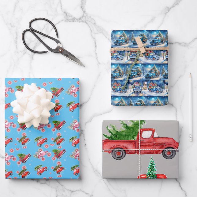 Papier d'enveloppement pour camions de Noël rétro (Recto)