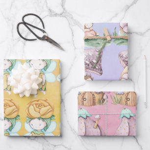 Papier d'enveloppement rose violet jaune fées