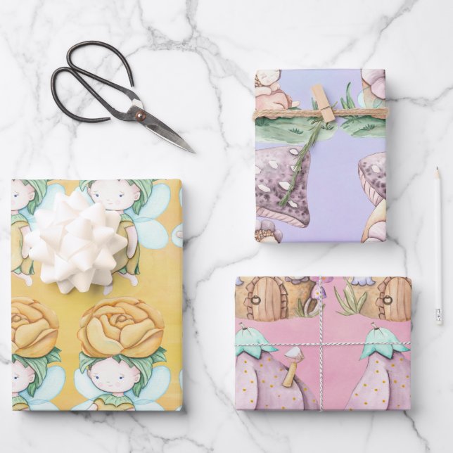 Papier d'enveloppement rose violet jaune fées (Recto)