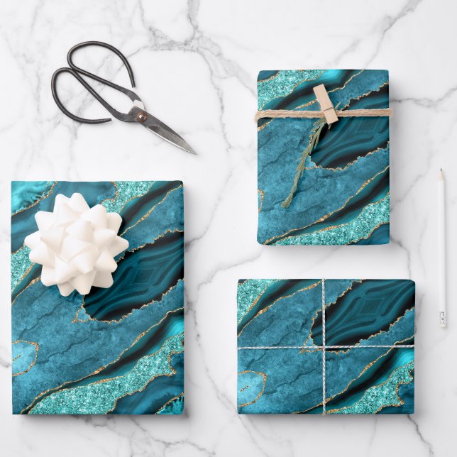 Papier d'enveloppement turquoise en marbre bleu or (Recto)