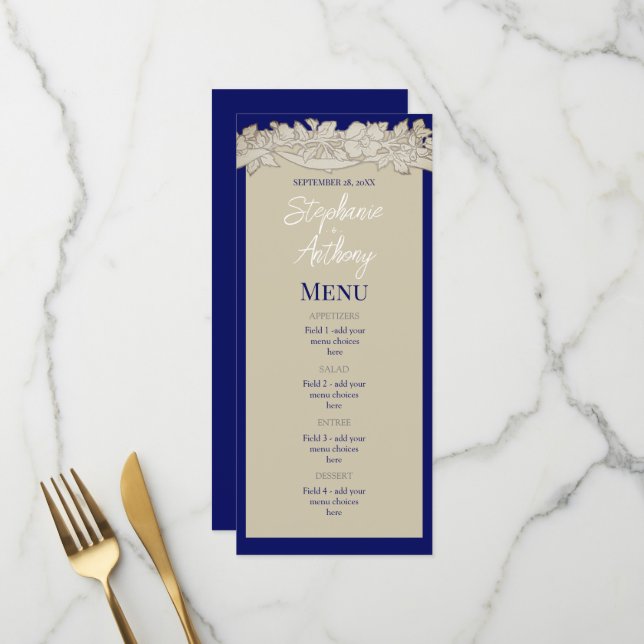 Papier d'époque Blue Tan Floral Folial Menu Mariag (Devant/Arrière en situation)