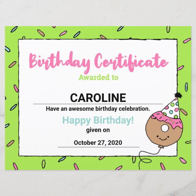 Papier Dessins de donuts cool de dessin animé Certificat  (Devant)