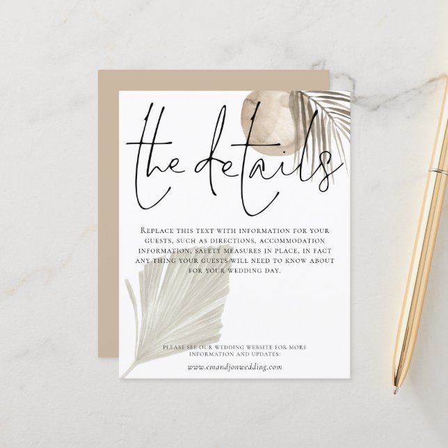 Papier Détails du Mariage Budget Boho Pampas Grass (Devant/Arrière en situation)