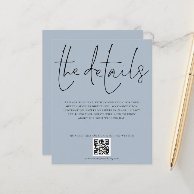 Papier Détails du Mariage budgétaire Code QR Script bleu  (Devant/Arrière en situation)