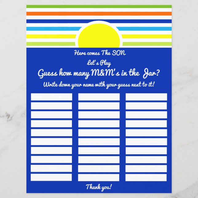 Papier Devinez Combien De Baby showers Jeu Ici vient Fils (Devant)