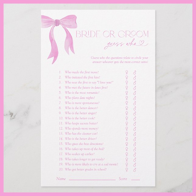 Papier Devinez De Mariée Ou De Chambre Qui Pink Bow Douch (Créateur téléchargé)