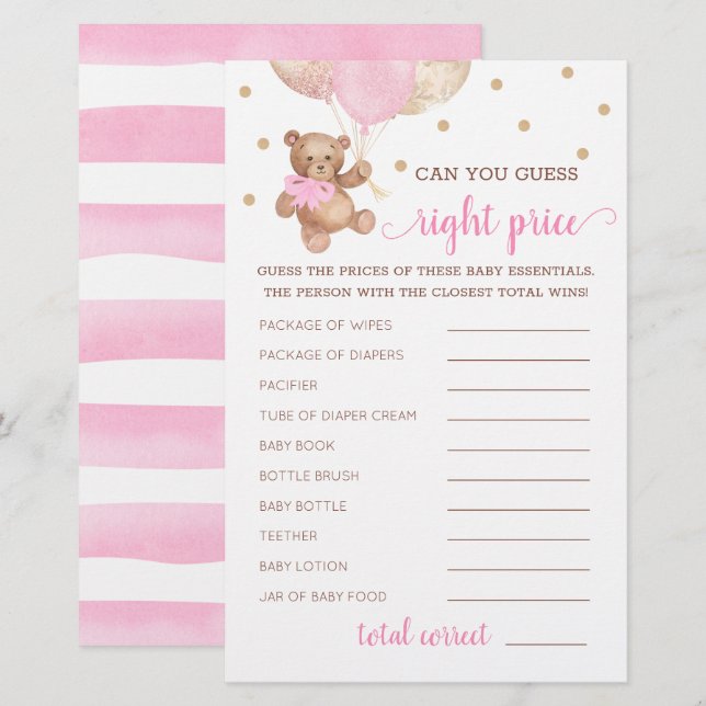Papier Devinez juste prix jeu Baby shower Teddy Bear (Devant / Derrière)