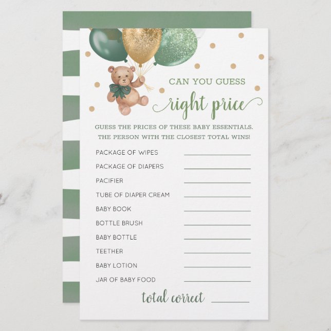 Papier Devinez juste prix jeu Baby shower Teddy Bear (Devant / Derrière)