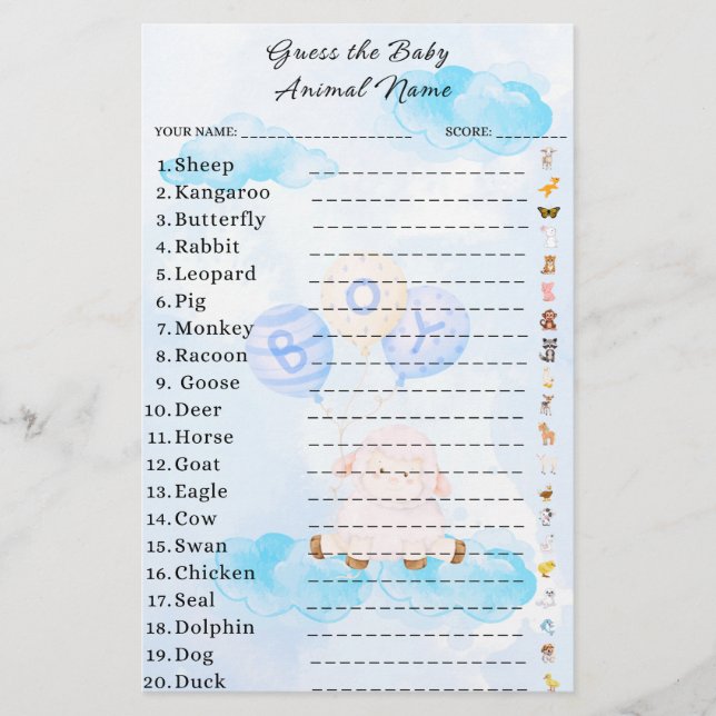 Papier Devinez le Baby shower de jeu animal bébé (Devant)