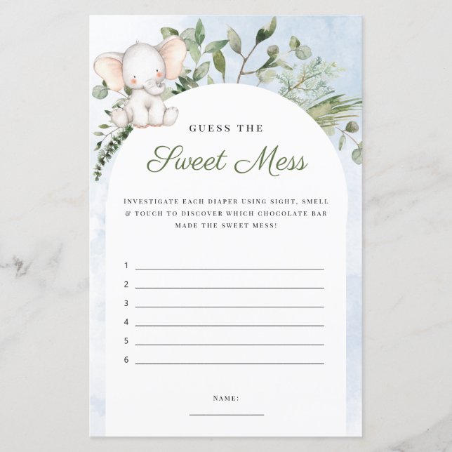 Papier Devinez Le Jeu De Baby shower Bleu Mess Sweet (Devant)