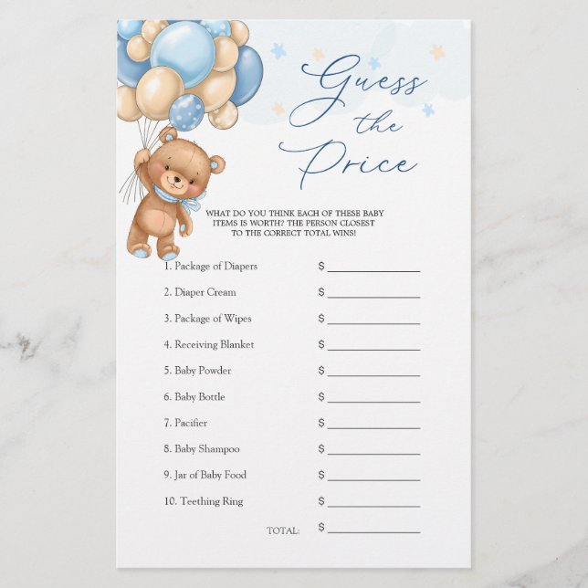 Papier Devinez le jeu de Baby shower de l'ours de prix (Devant)