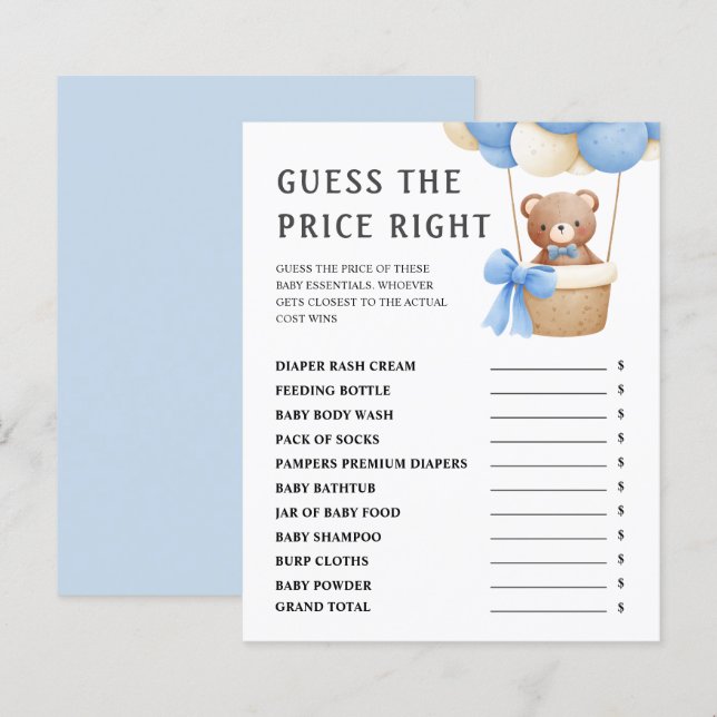 Papier Devinez Le Prix | Jeu de Baby shower de l'ours en  (Devant / Derrière)