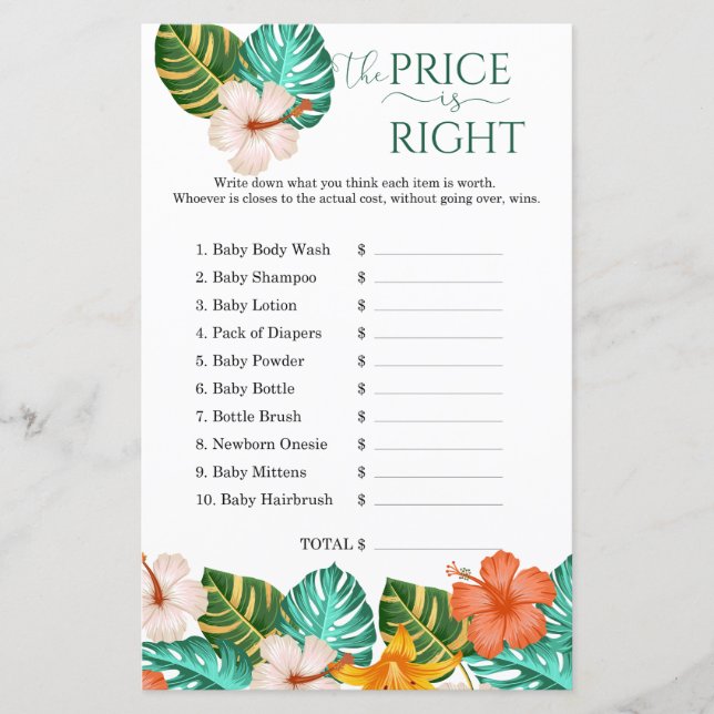 Papier Devinez le prix Jeu de Baby Shower Fleurs Tropical (Devant)