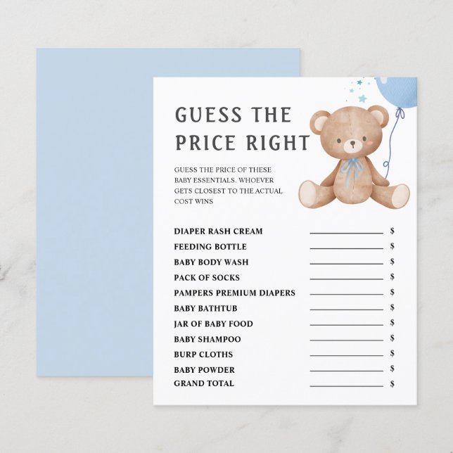 Papier Devinez le prix | Jeu de Baby Shower pour garçon O (Devant / Derrière)