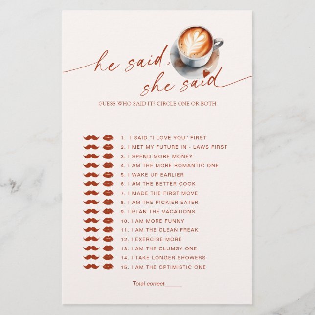 Papier Devinez Qui A Dit It Coffee Fête des mariées Jeu (Devant)