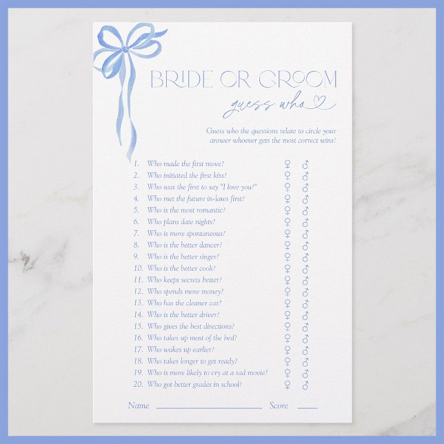 Papier Devinez Qui Bleu Bow Douche Jeu (Créateur téléchargé)