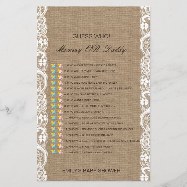 Papier Devinez qui, jeu de baby shower maman ou papa, edi (Devant)