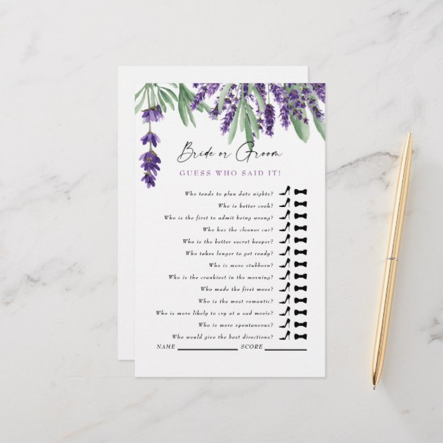 Papier Devinez Qui L'A Dit ? Fête des mariées Lavender si (Devant/Arrière en situation)