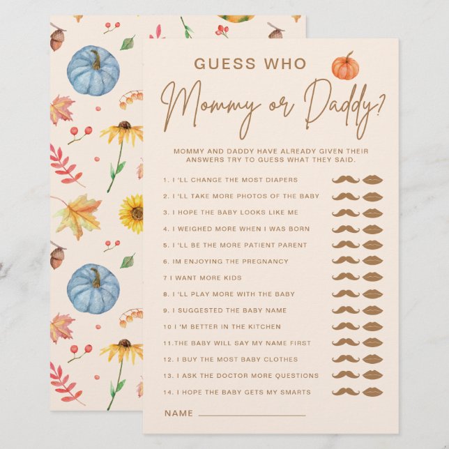 Papier Devinez Qui Maman Ou Papa Baby shower Citrouille J (Devant / Derrière)