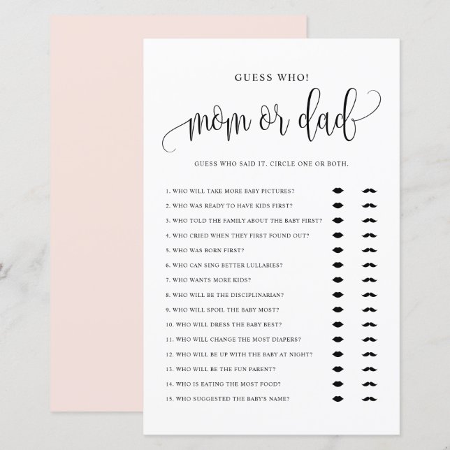 Papier Devinez Qui Maman ou Papa Jeu Baby shower de scrip (Devant / Derrière)