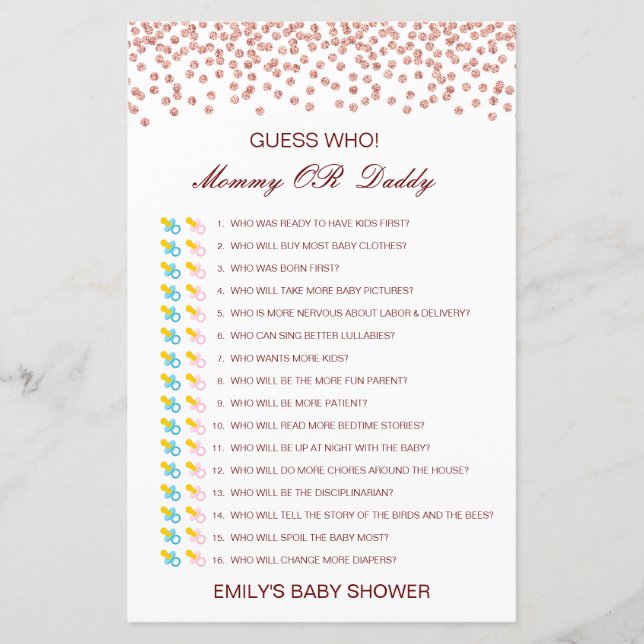 Papier Devinez qui, maman ou papa jeu de Baby shower (Devant)