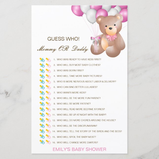 Papier Devinez qui, maman ou papa jeu de Baby shower (Devant)