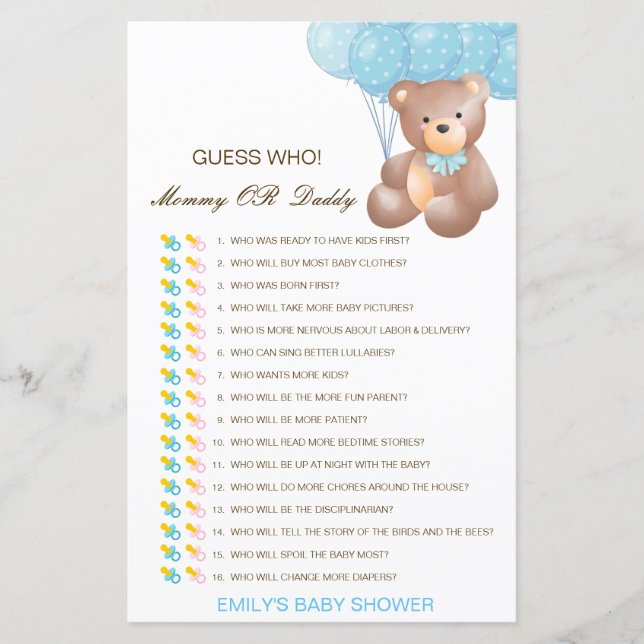 Papier Devinez qui, maman ou papa jeu de Baby shower (Devant)