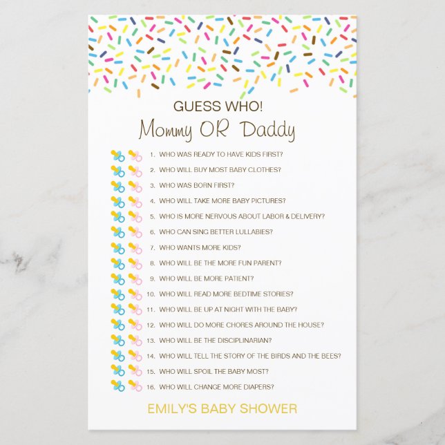 Papier Devinez qui, maman ou papa jeu de Baby shower (Devant)